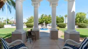 Fountain and columns outside of Jones Family Care Home